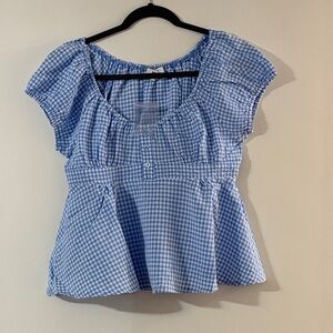 Double Zero Light Blue Gingham Peplum Blouse